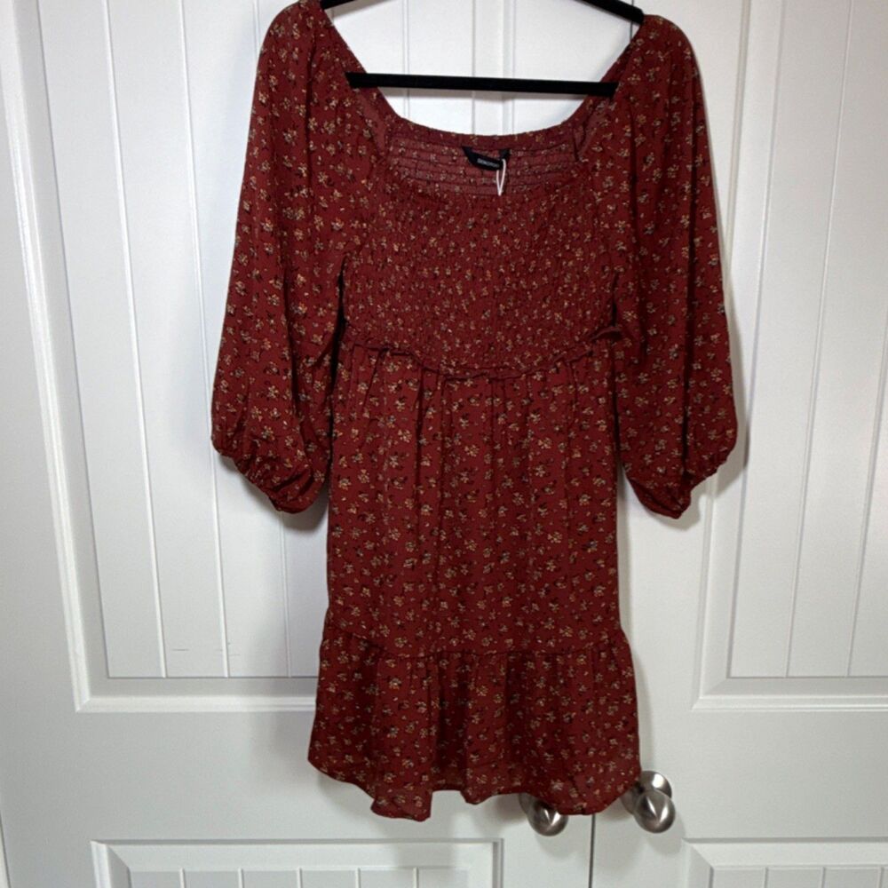 DOKOTOO Rust Floral Smocked Mini Dress Balloon Sleeve Square Neck Women's S